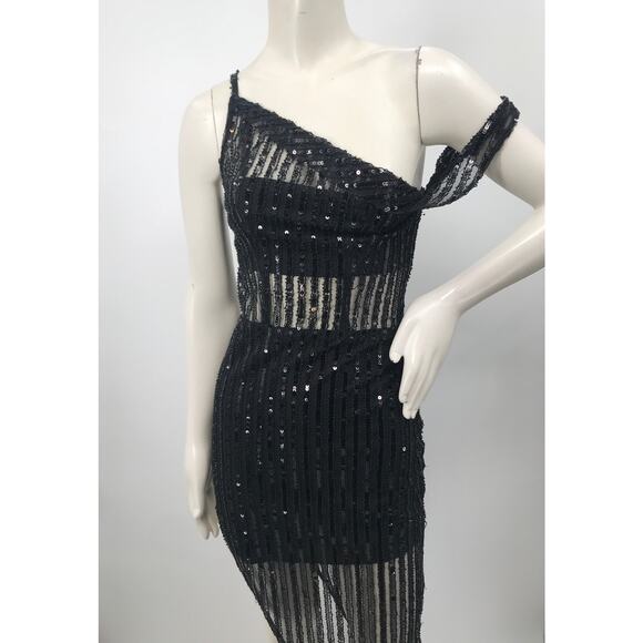 Lovers + Friends Nina Black Sequins Asymmetrical Gown Party Dress XS - Picture 4 of 16